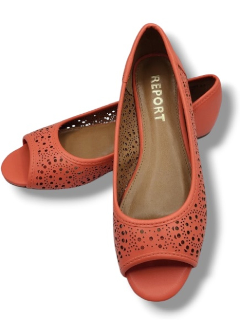 Report Women’s Coral Faux Leather Punched Peep Toe Flats Detailed Cutout Design